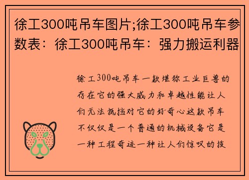 徐工300吨吊车图片;徐工300吨吊车参数表：徐工300吨吊车：强力搬运利器